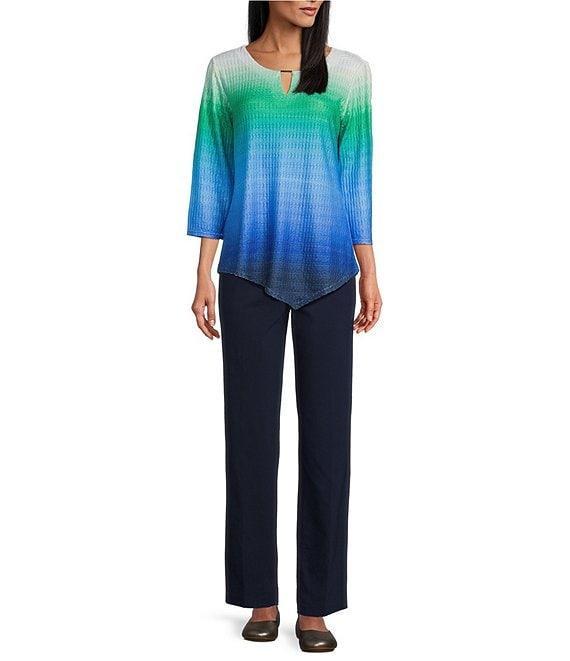 Allison Daley Ombre 3/4 Sleeve Keyhole Neck Asymmetric Hem Knit Top Product Image