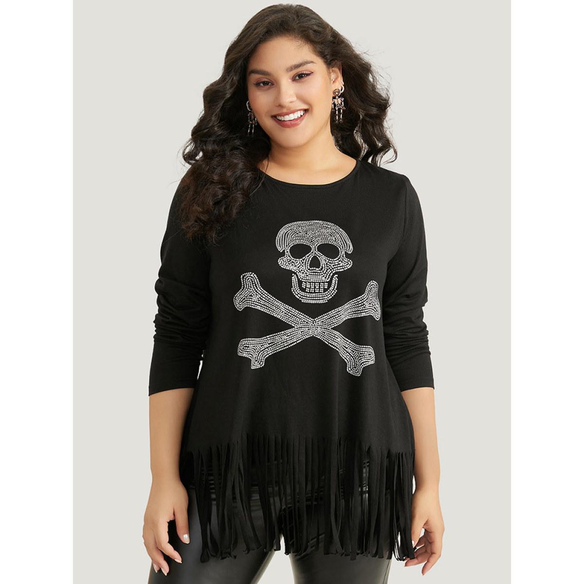 Plus Size Halloween Skull Rhinestone Fringe Trim T-shirt Black Women Casual Tassels Halloween Festival-Halloween T-shirts BloomChic 30/6X Product Image