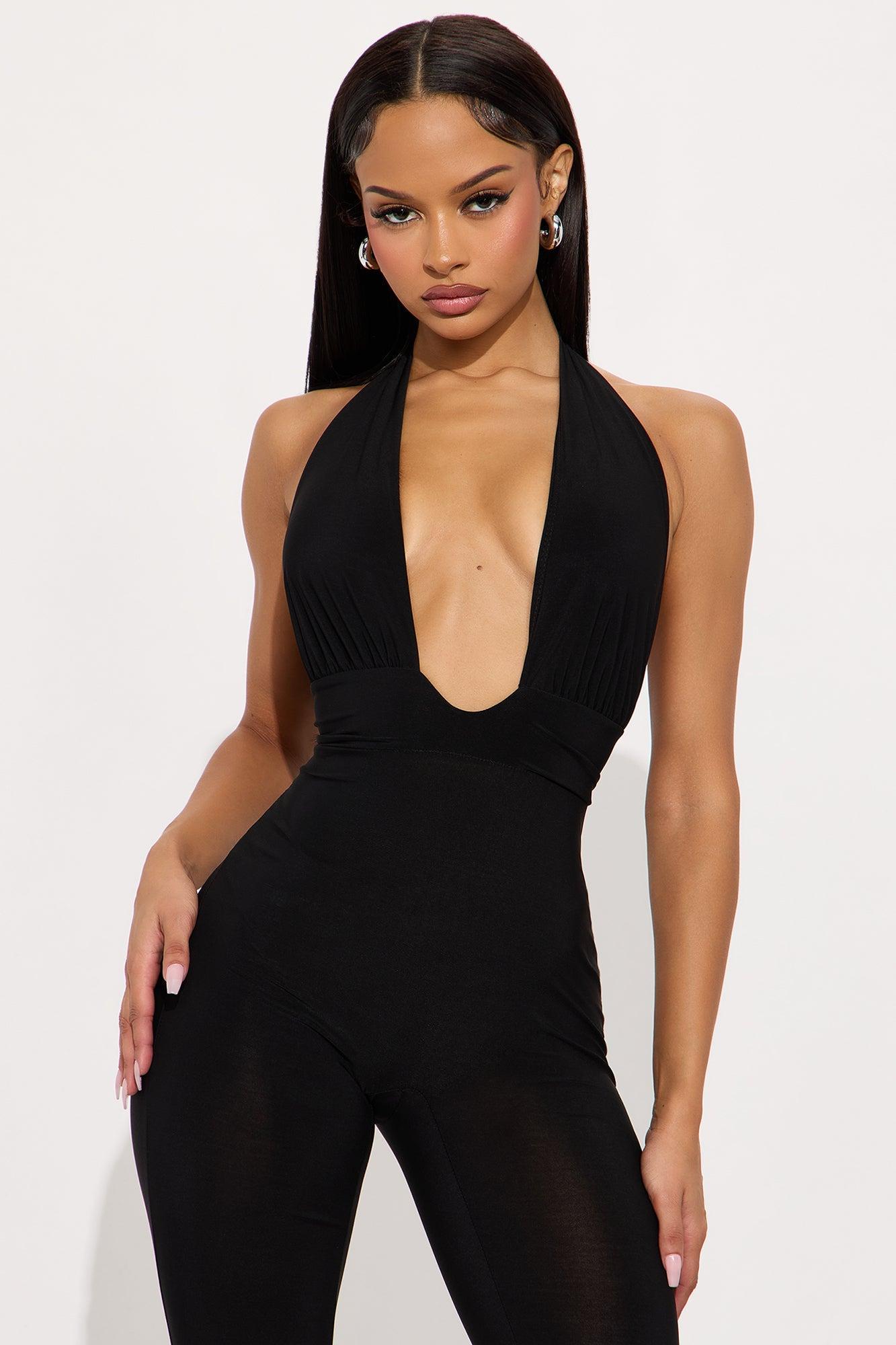 Siren Plunge Neck Halter Jumpsuit - Black Product Image
