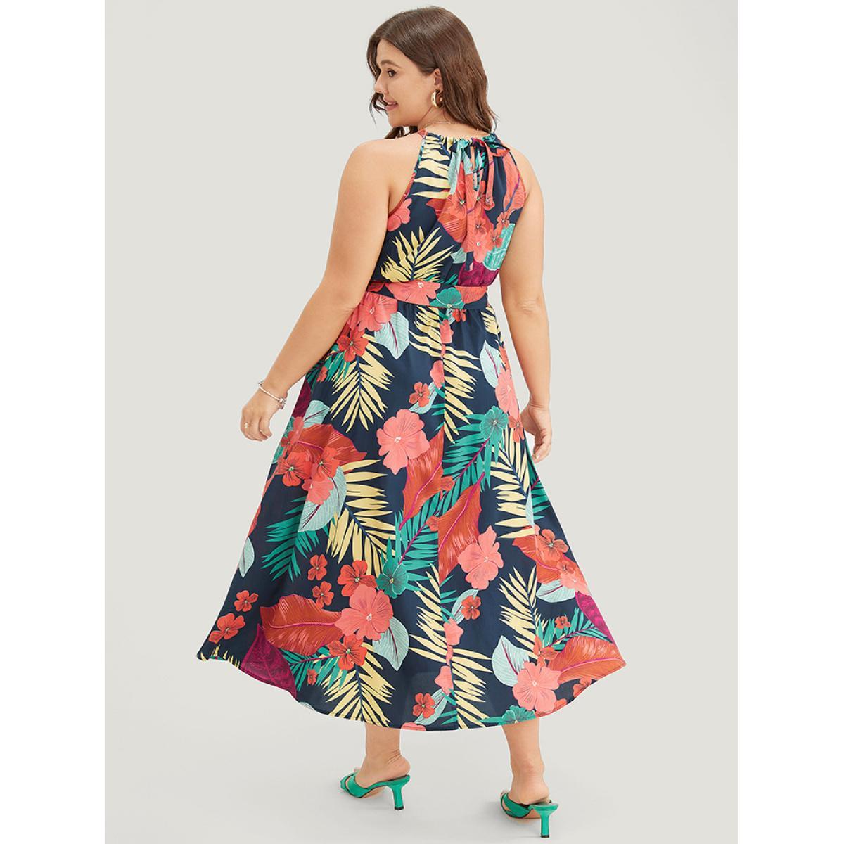 Plus Size Tropical Print Ruffle Hem Pocket Belt Knotted Halter Dress DarkBlue Women Vacation Cross straps Halter neck Sleeveless Curvy Midi Dress BloomChic 14-16/1X Product Image