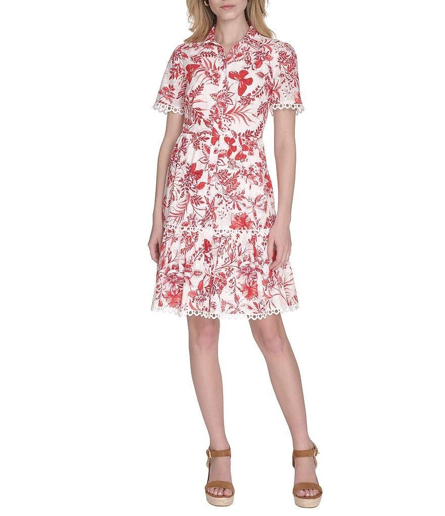 Eliza J Eyelet Floral Print Point Collar Neck Short Sleeve Button Front Shirt Dress Product Image