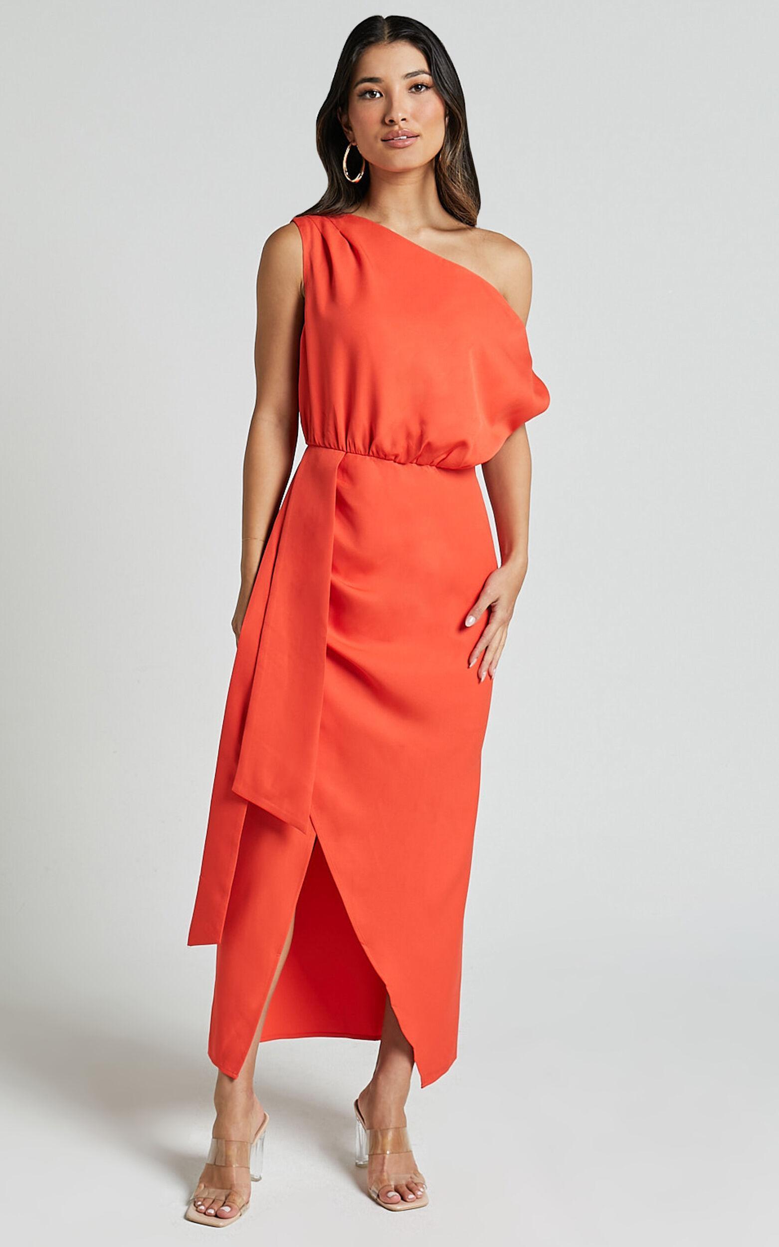 Zuri Midi Dress - One Shoulder Wrap Dress in Orange Product Image