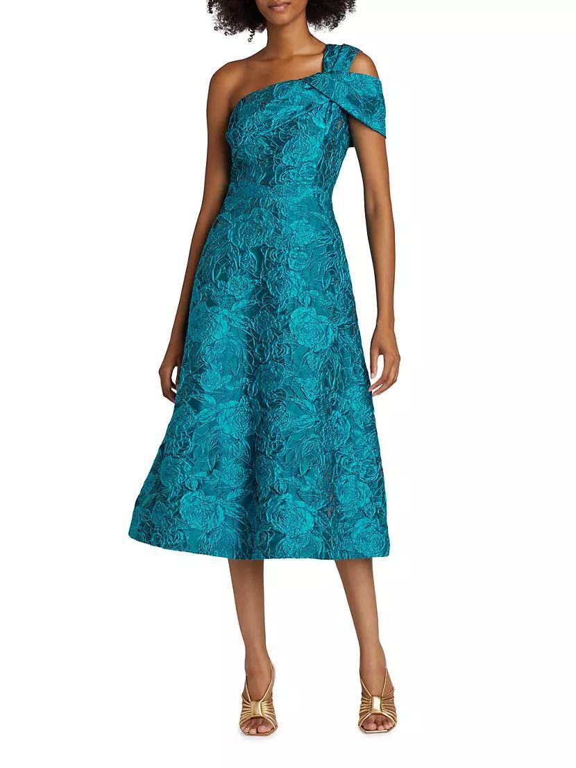Floral Jacquard One-Shoulder A-Line Midi-Dress Product Image