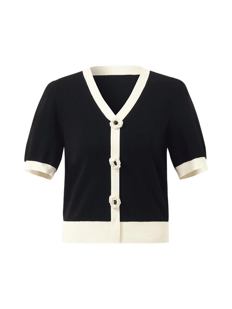 Tencel Contrast Trim V-Neck Women Knit Top With Detachable 3D Flower Product Image