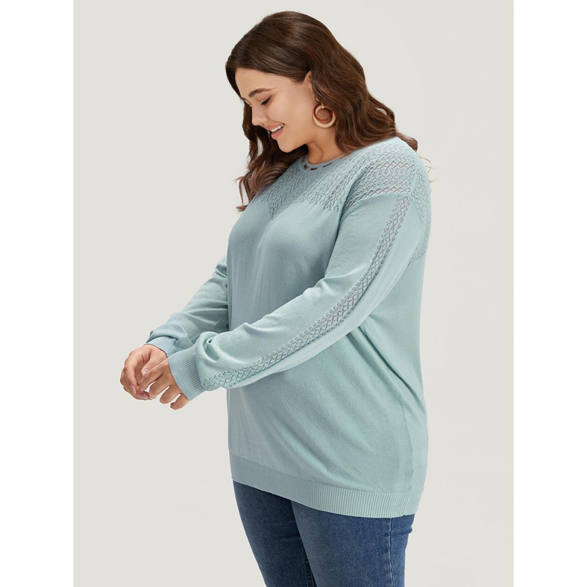 Plus Size Plain Eyelet Patchwork Drop Shoulder Pullover LightBlue Women Casual Loose Long Sleeve Round Neck Dailywear Pullovers BloomChic 22-24/3X Product Image