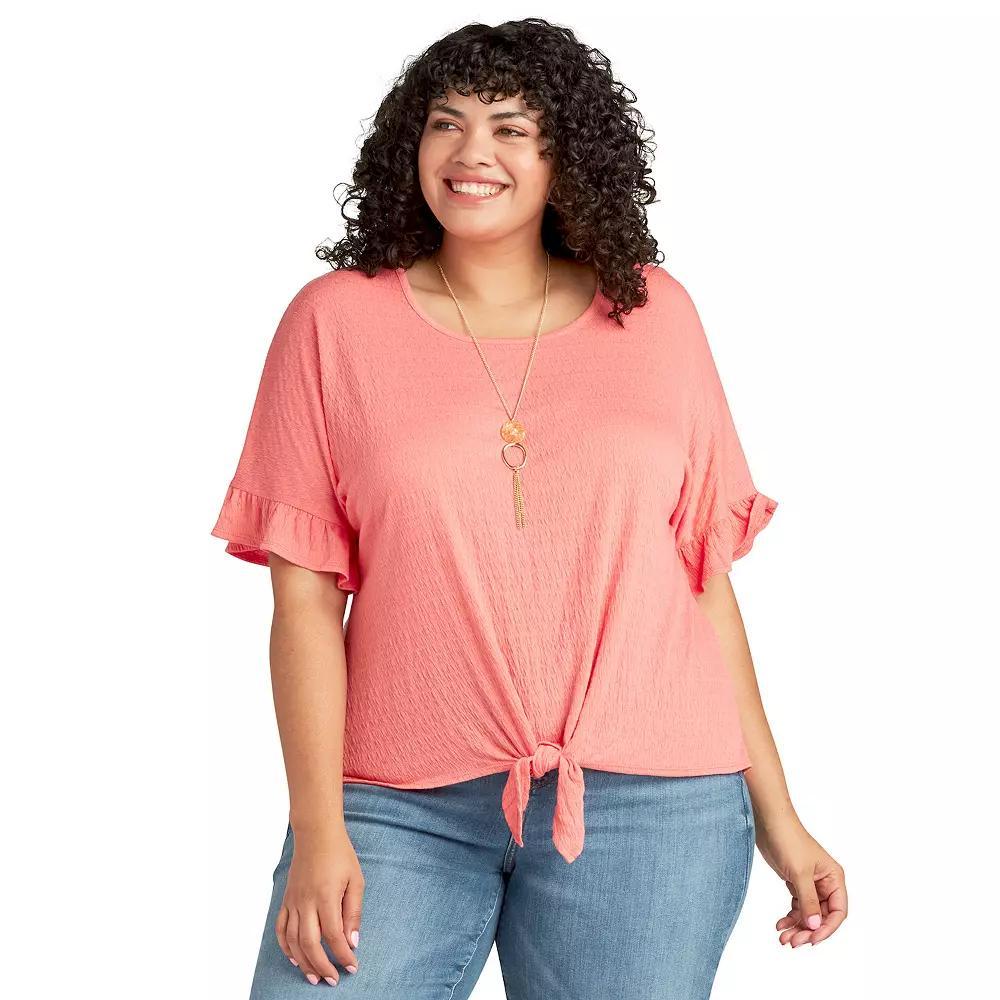 Plus Size AB Studio Tie Front Ruffle Sleeve Top With Necklace, Women's, Size: 2XL, Pink Product Image