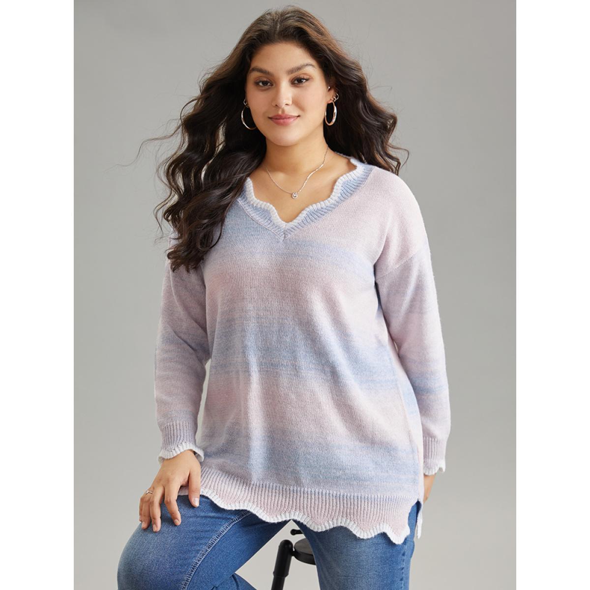 Plus Size Anti-Pilling Ombre Heather Scalloped Trim Pullover Crepe Women Casual Loose Long Sleeve V-neck Dailywear Pullovers BloomChic 14-16/1X Product Image