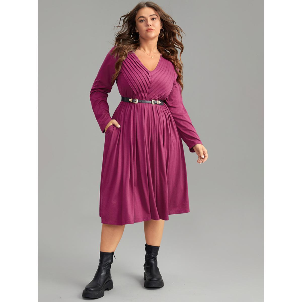 Plus Size Solid Pleated V Neck Elastic Waist Dress Purple Women Casual Plain V-neck Long Sleeve Curvy Midi Dress BloomChic 18-20/2X Product Image