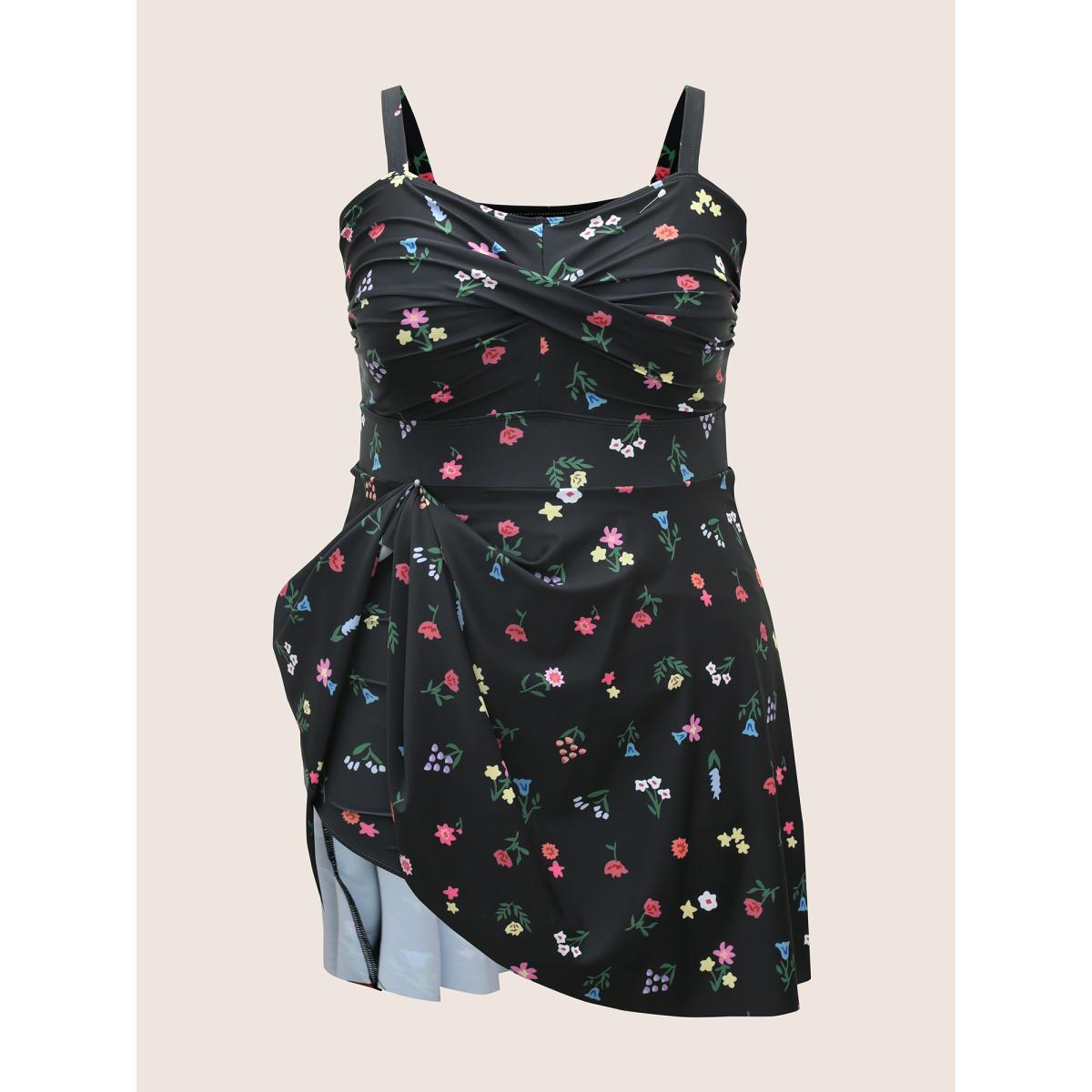 Plus Size Heart Neckline Floral Twist Front Swim Dress Women's Swimwear Black Beach Bodycon Heart neckline High stretch Curve Swim Dresses BloomChic 26/4X Product Image