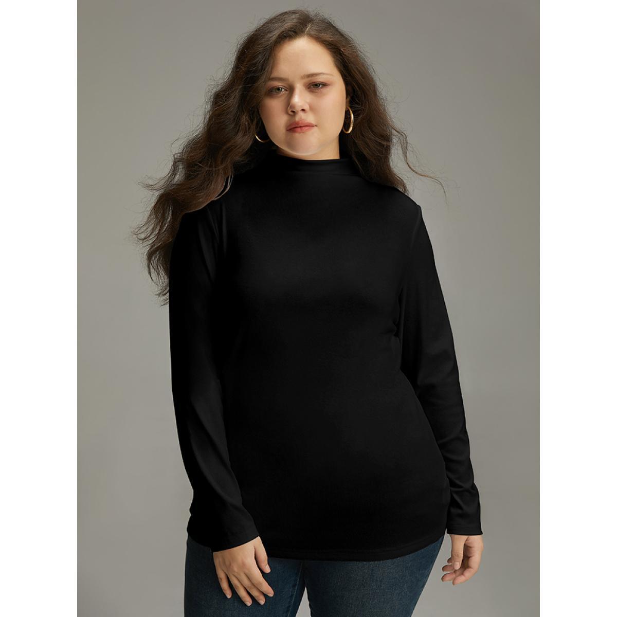 Plus Size Cotton Solid Mock Neck T-shirt Black Women Casual Plain Plain Mock Neck Dailywear T-shirts BloomChic 30/6X Product Image