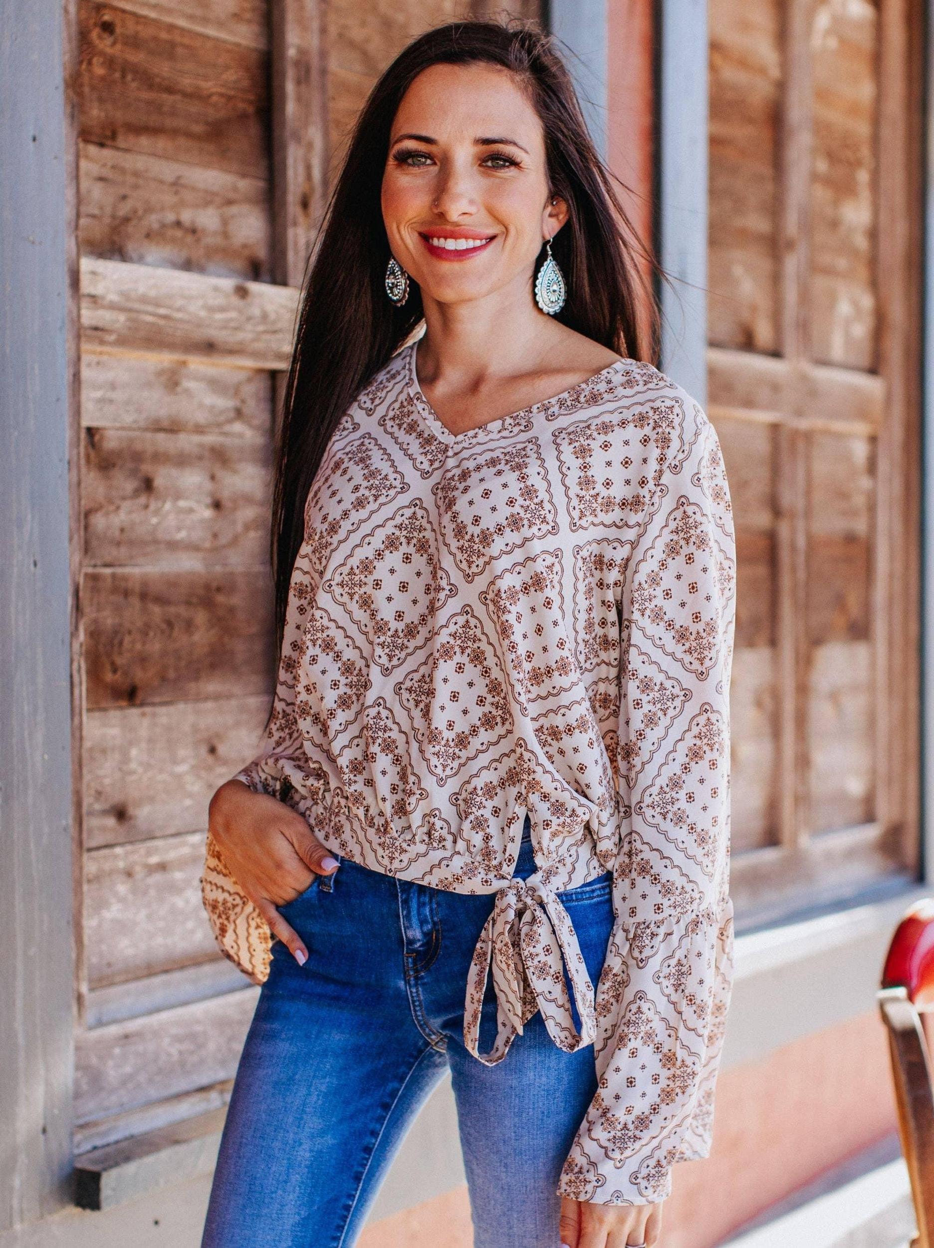 Beige Bell Sleeve Side Tie Blouse Product Image