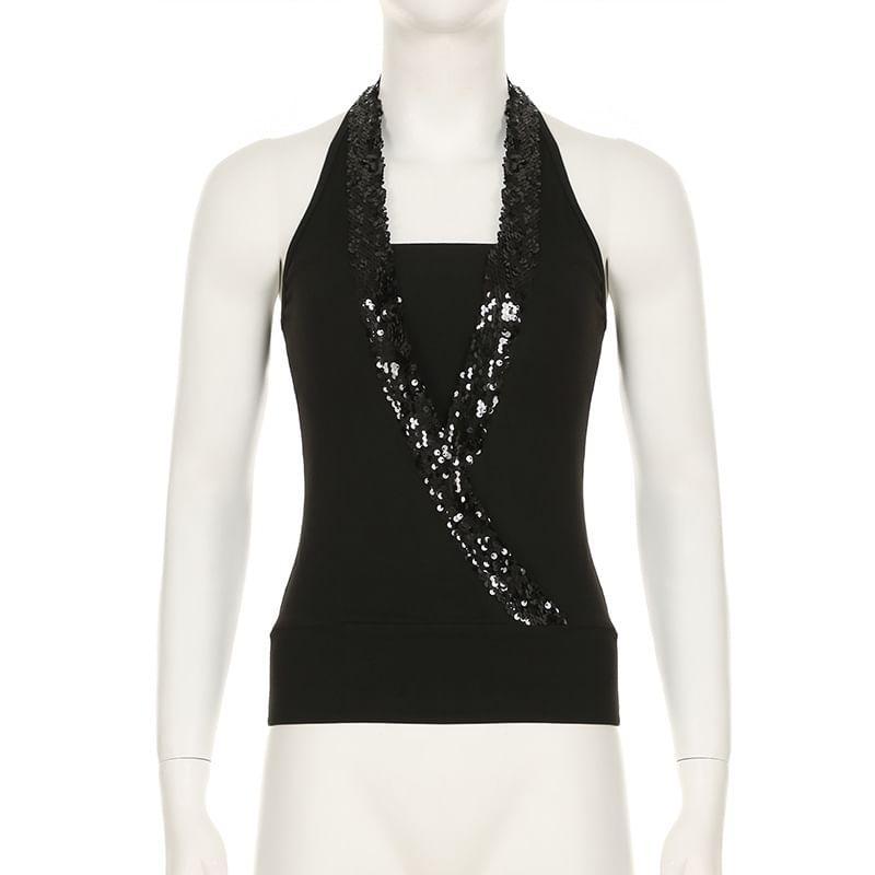 Halter-Neck Sequin Open Back Slim Fit Crop Tank Top Product Image
