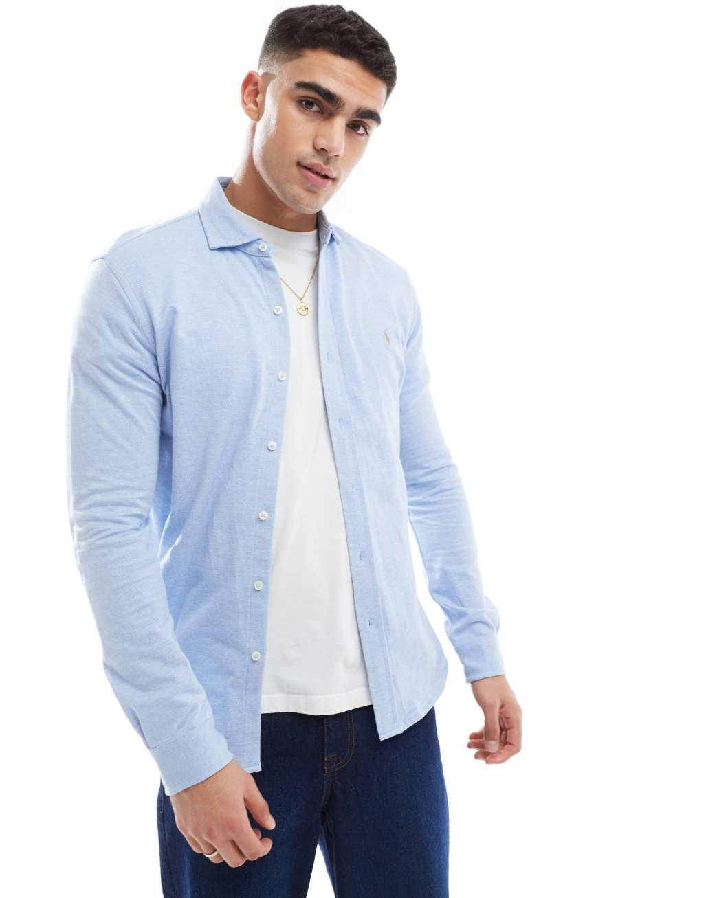 Polo Ralph Lauren icon logo estate collar herringbone print jersey shirt in light blue heather Product Image