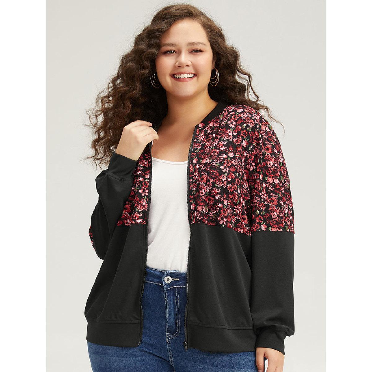 Plus Size Ditsy Floral Patchwork Zipper Elastic Cuffs Jacket Women Black Elastic cuffs Dailywear Jackets BloomChic 12/L Product Image