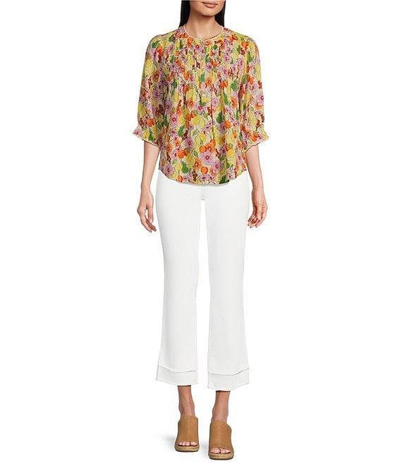 Democracy Petite Size Woven Floral Fruit Print Round Neck Elbow Sleeve Half Button Front Placket Pintuck Detail Top Product Image