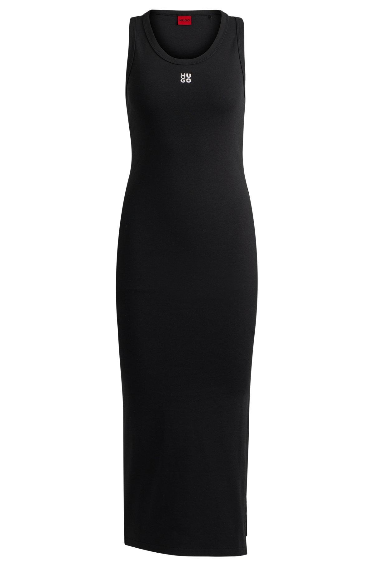 HUGO - Long-length dress in stretch jersey with stacked logo - Black Product Image