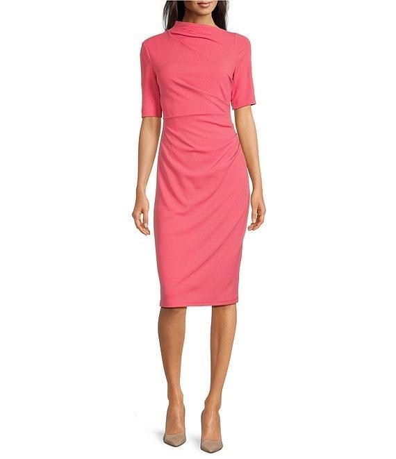 Maggy London Mock Neck Short Sleeve Draped Midi Sheath Dress Product Image