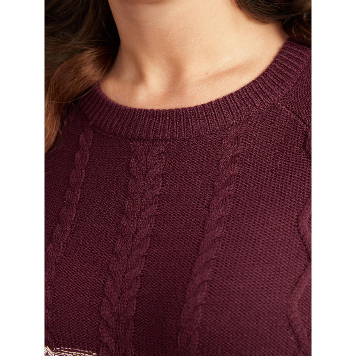 Plus Size Cable Knit Heather Colorblock Patchwork Pullover Burgundy Women Casual Loose Long Sleeve Round Neck Dailywear Pullovers BloomChic 28/5X Product Image