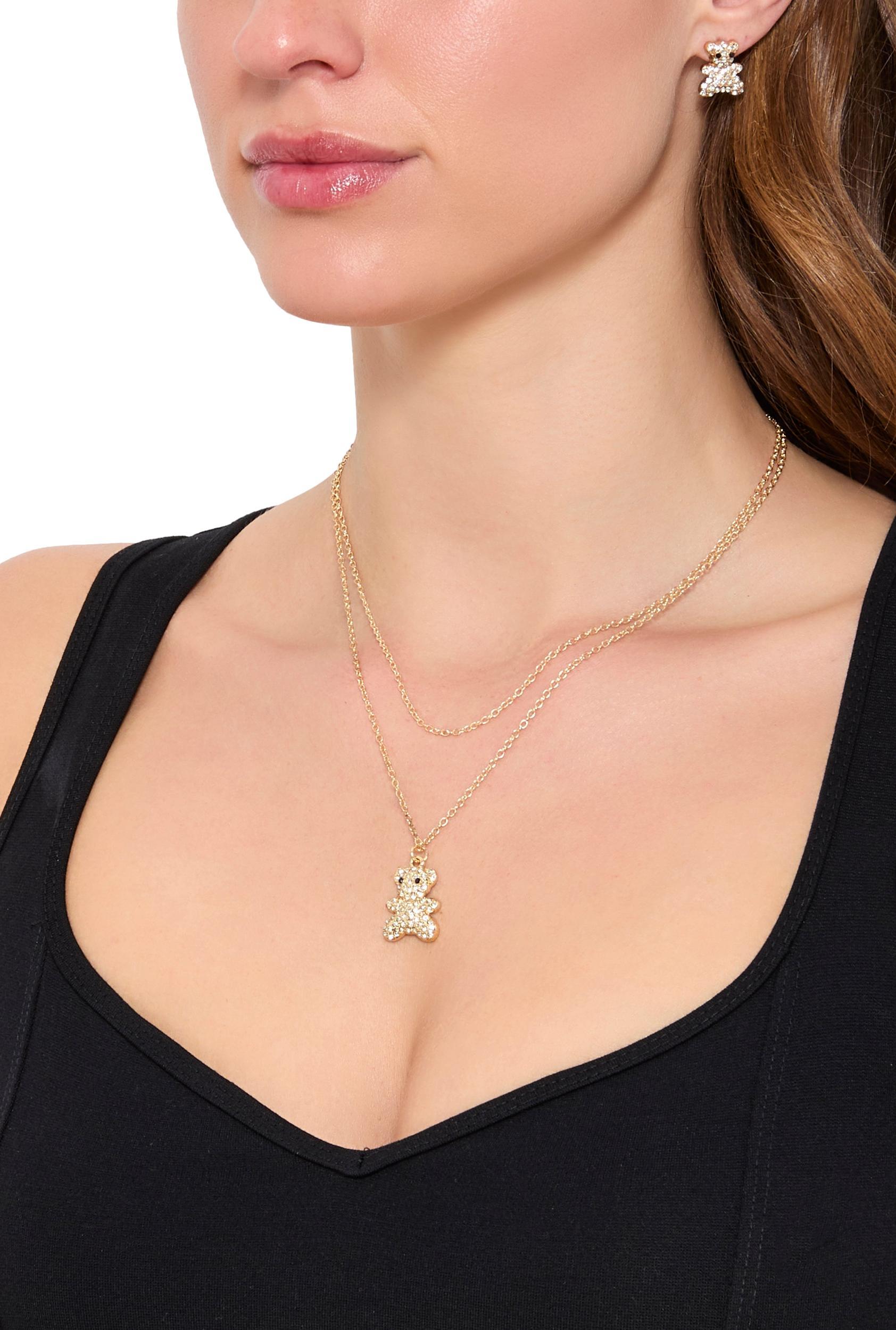Cubic Zirconia Bear Layered Necklace and Stud Earrings Female Product Image