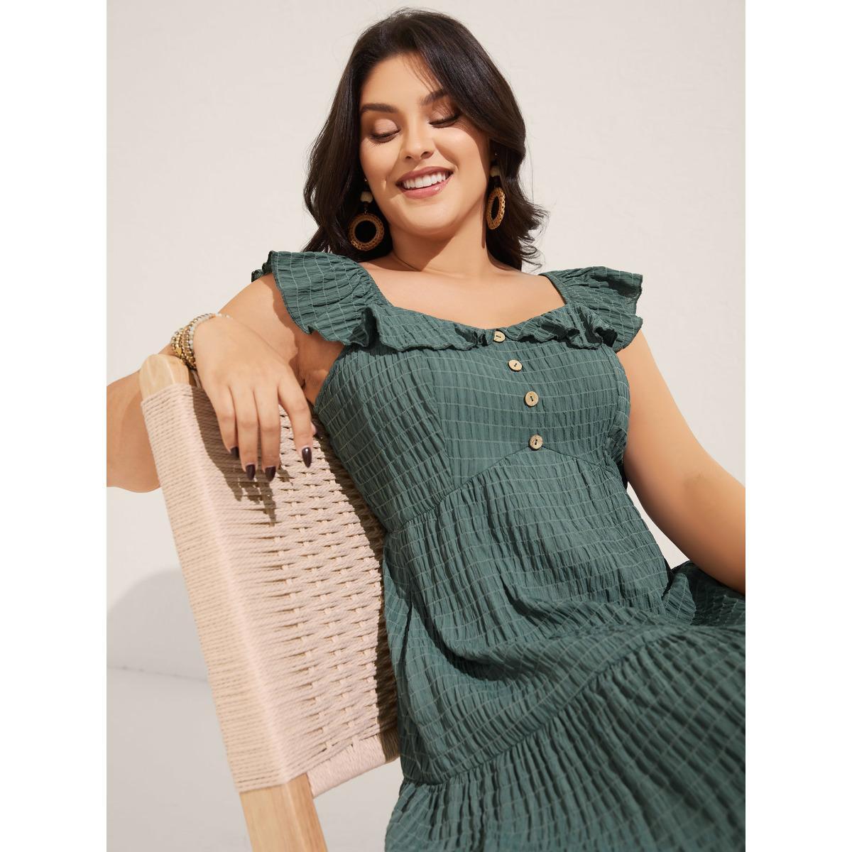 Plus Size Textured Ruffled Neck Pockets Midi Dress Emerald Women Square Neck Sleeveless Curvy BloomChic 30/6X Product Image