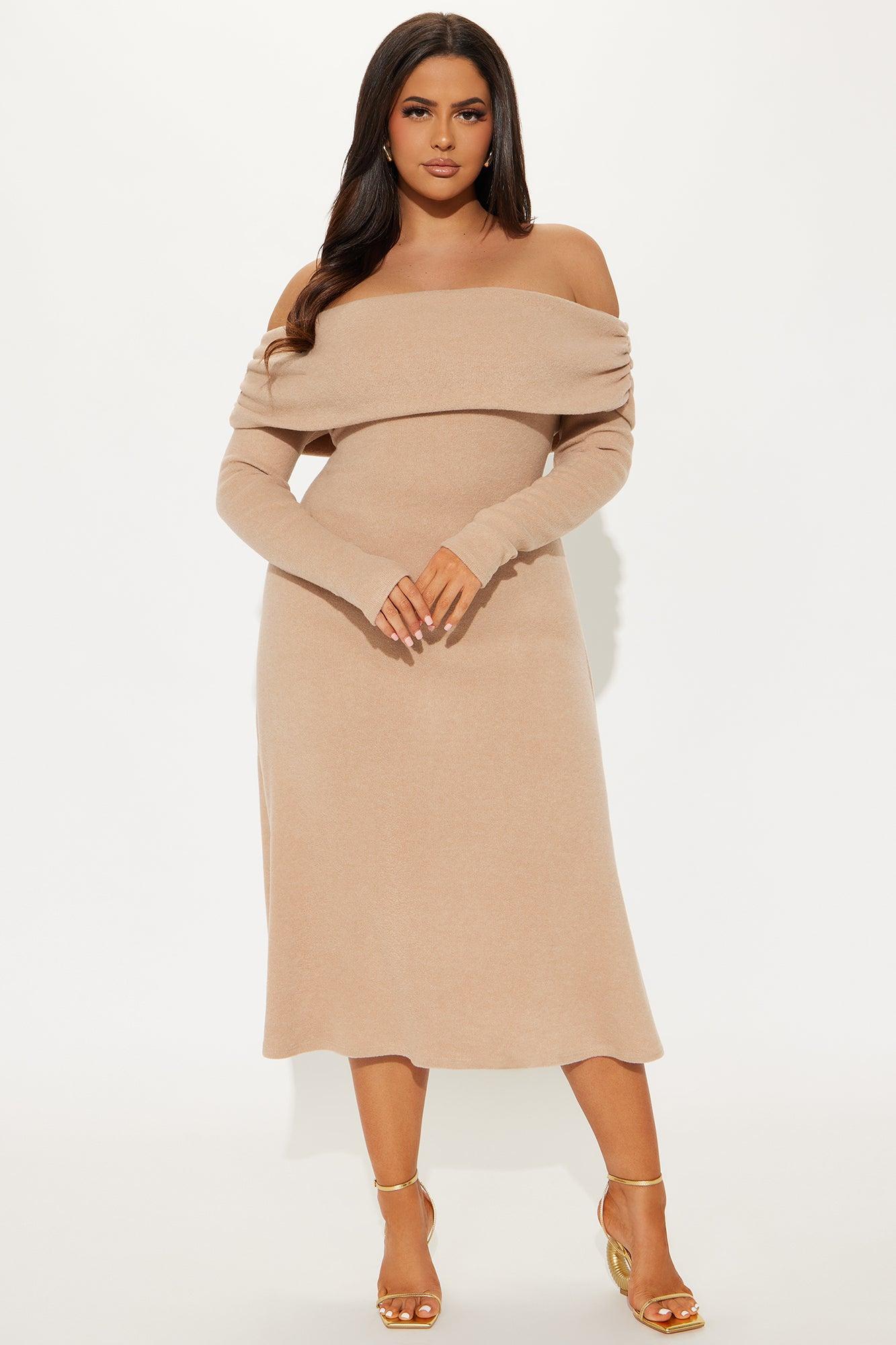 Tell Me More Off Shoulder Midi Dress - Khaki Product Image