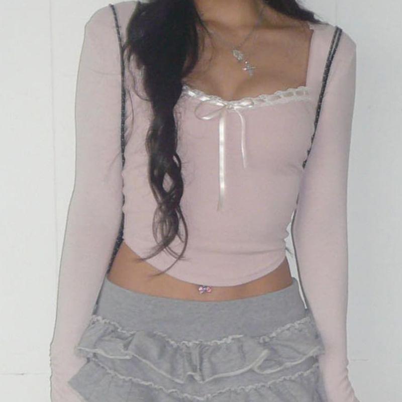 Long Sleeve Square-Neck Lace-Trim Bow Accent Crop Top Product Image