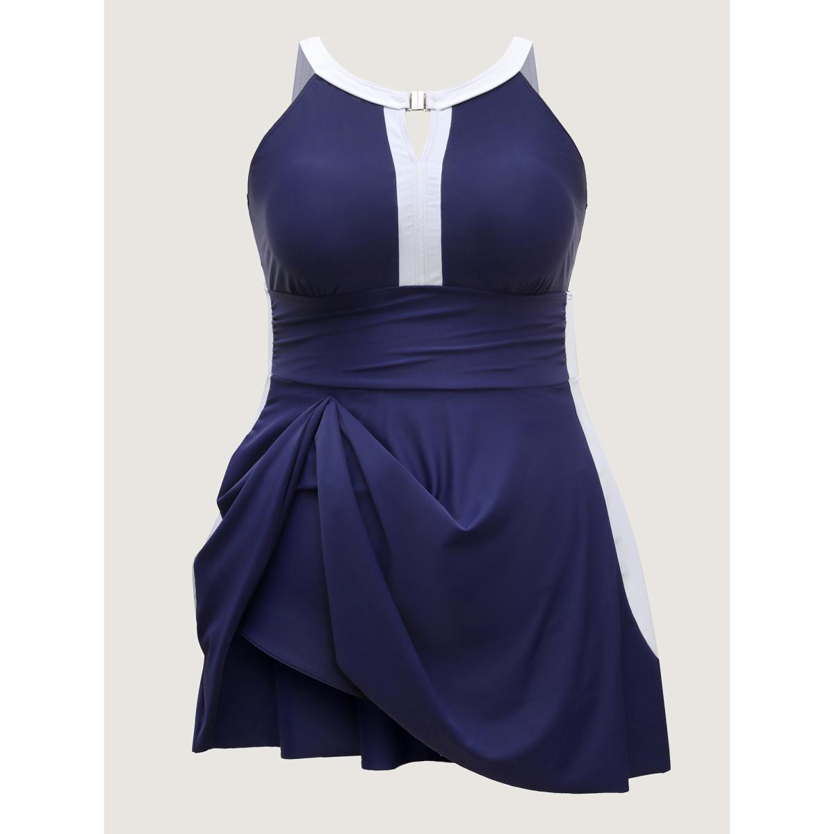 Plus Size Colorblock Contrast Neck Cut-Out Swim Dress Women's Swimwear Indigo Beach Bodycon Halter neck High stretch Curve Swim Dresses BloomChic 22-24/3X Product Image