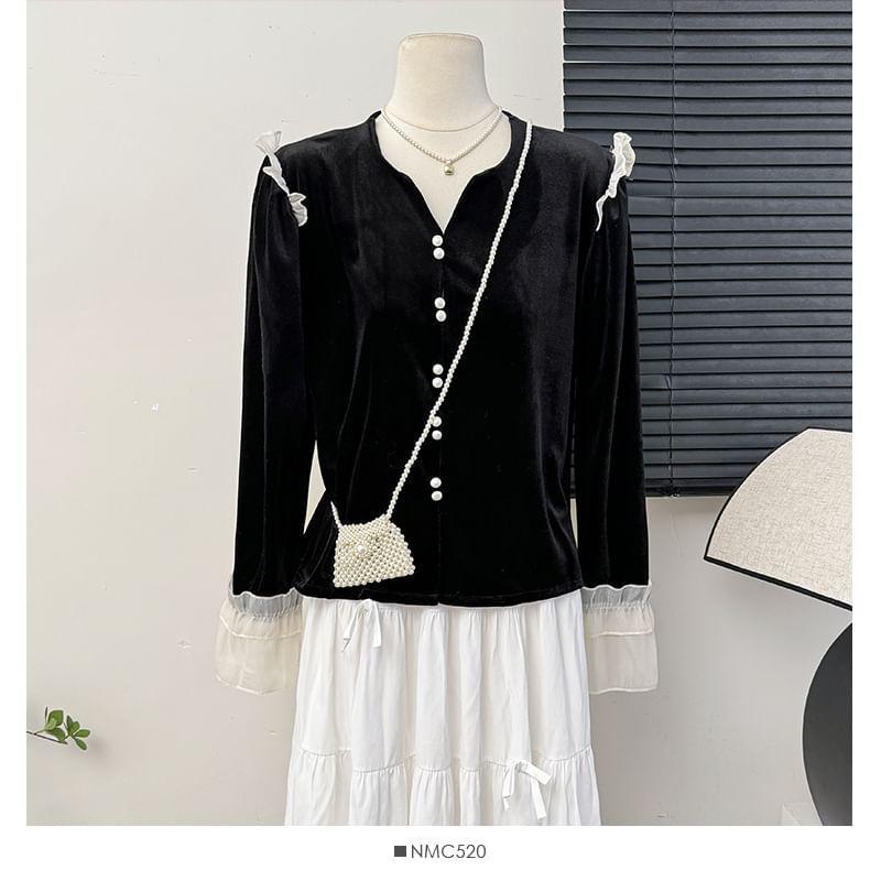 Ruffle-Trim Velvet V-Neck Shirt Product Image