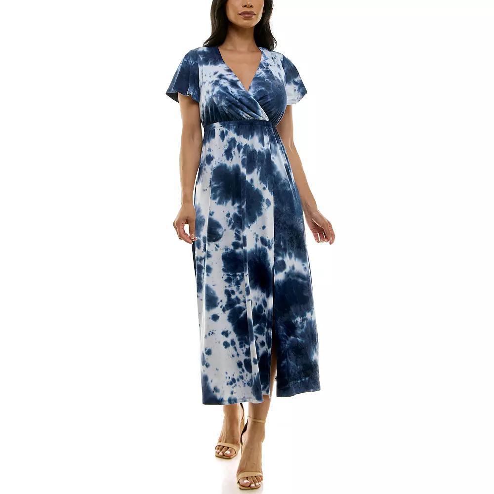 Women's Nina Leonard Tie Dye Print Flutter Sleeve V-Neck Maxi Dress, Size: Small, Grey Team Product Image