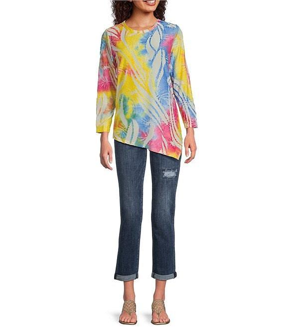 Calessa Petite Size Burnout Tie-Dye Crew Neck 3/4 Sleeve Asymmetric Hem Tunic Product Image