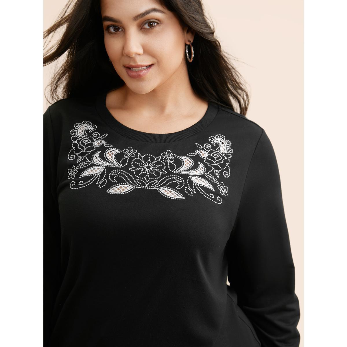 Plus Size Broderie Anglaise Round Neck Sweatshirt Women Black Elegant Broderie anglaise Round Neck Everyday Sweatshirts BloomChic 28/5X Product Image
