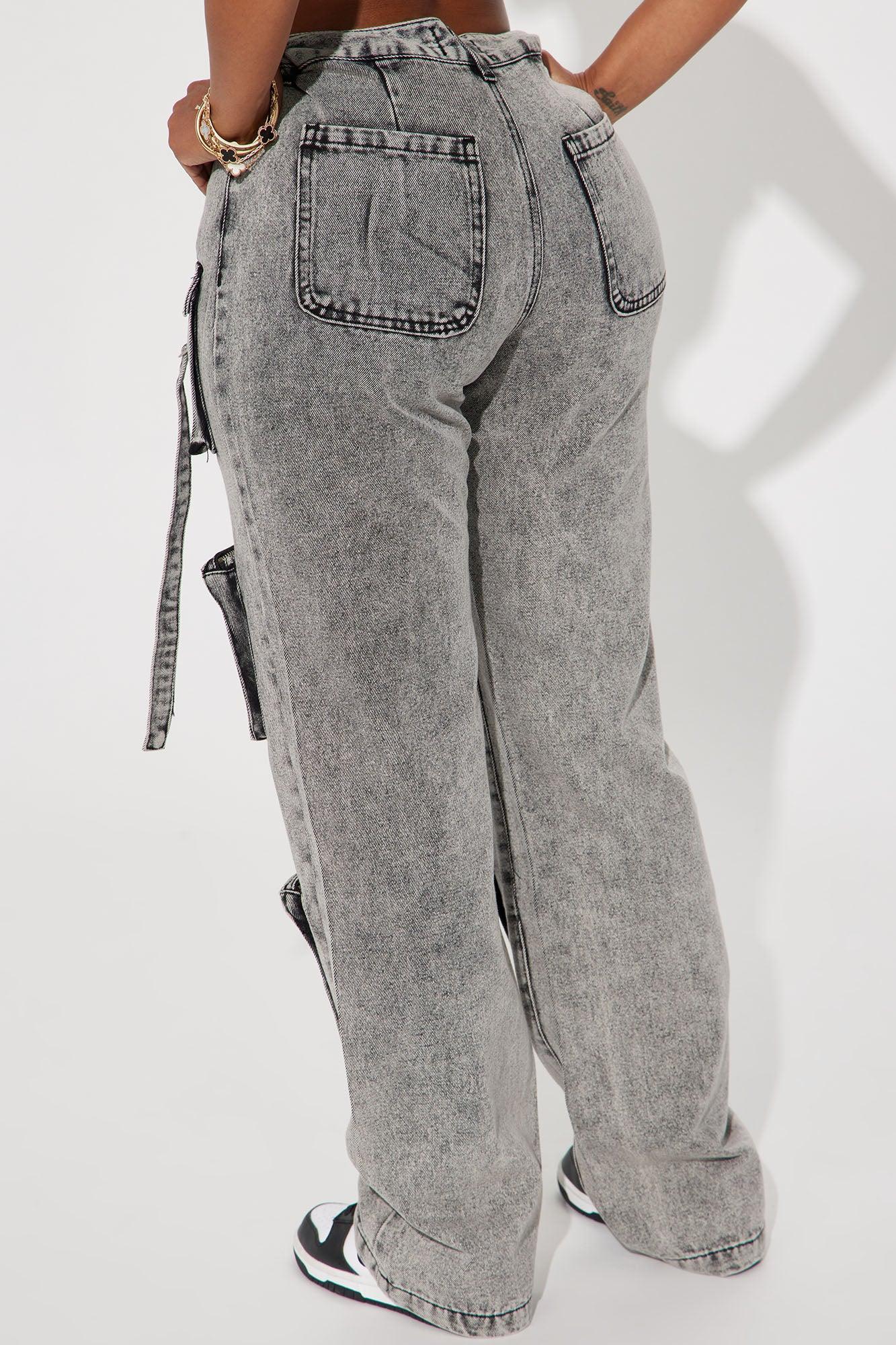 Somehow Somewhere Non Stretch Cargo Straight Leg Jeans - Acid Wash Grey Product Image