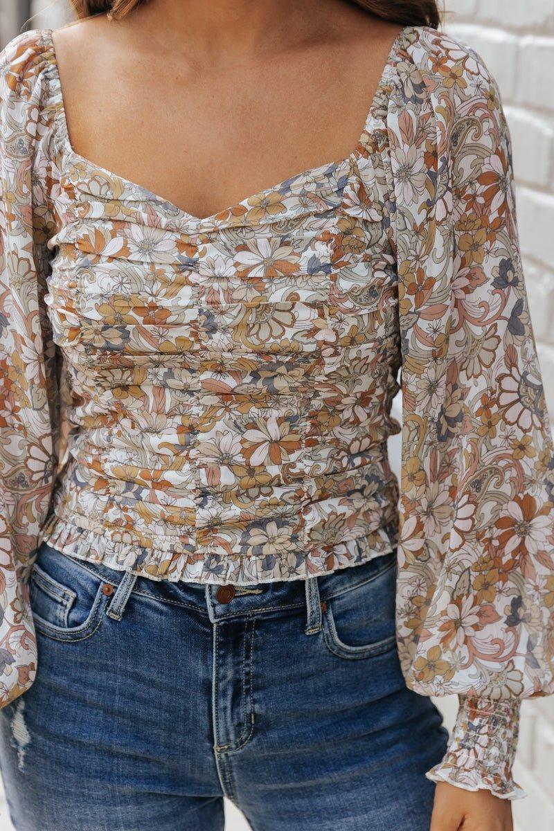 Cream Floral Print Sweetheart Top - FINAL SALE Female Product Image