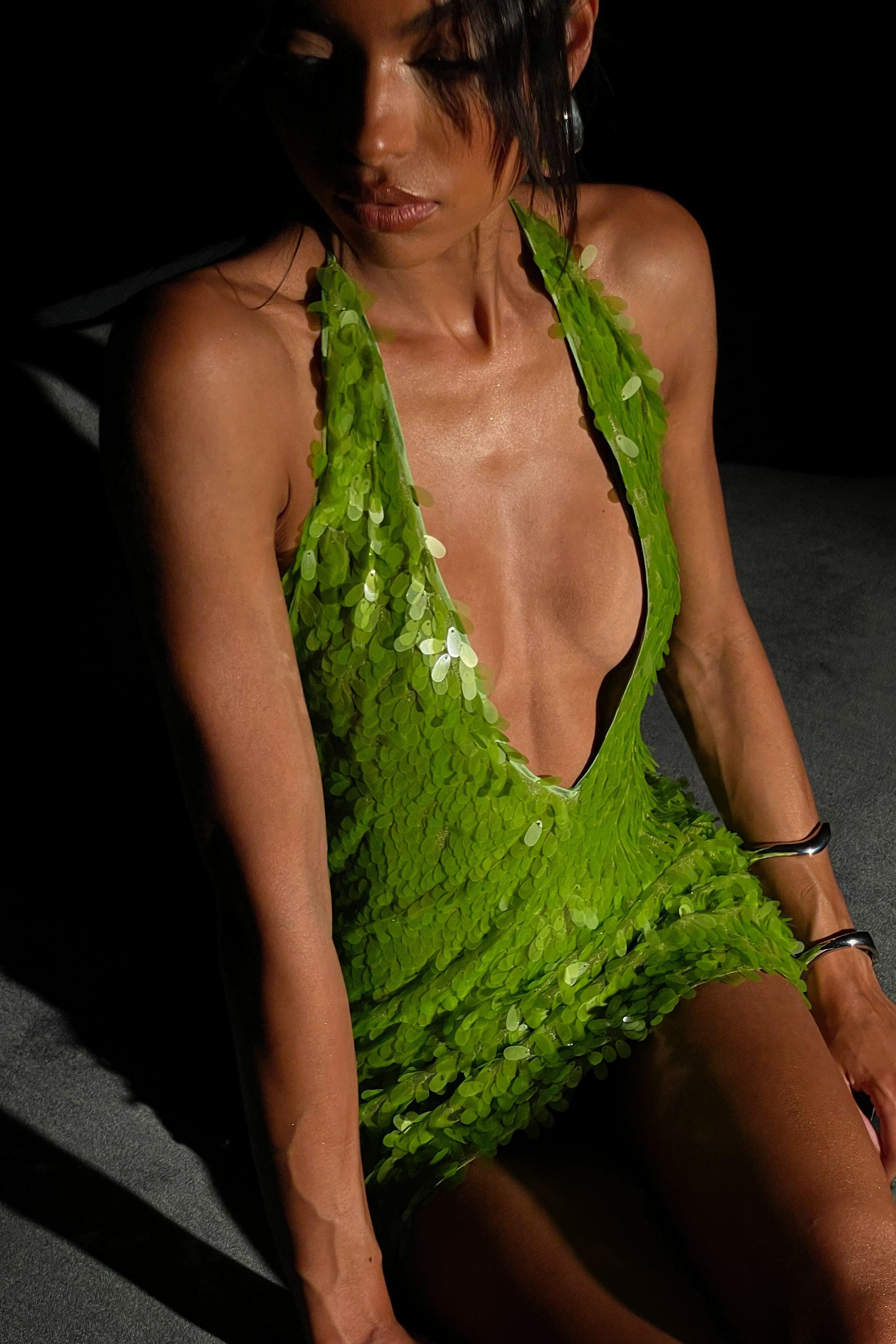 Primrose Sequin Halter Mini Dress - Parakeet Green Product Image