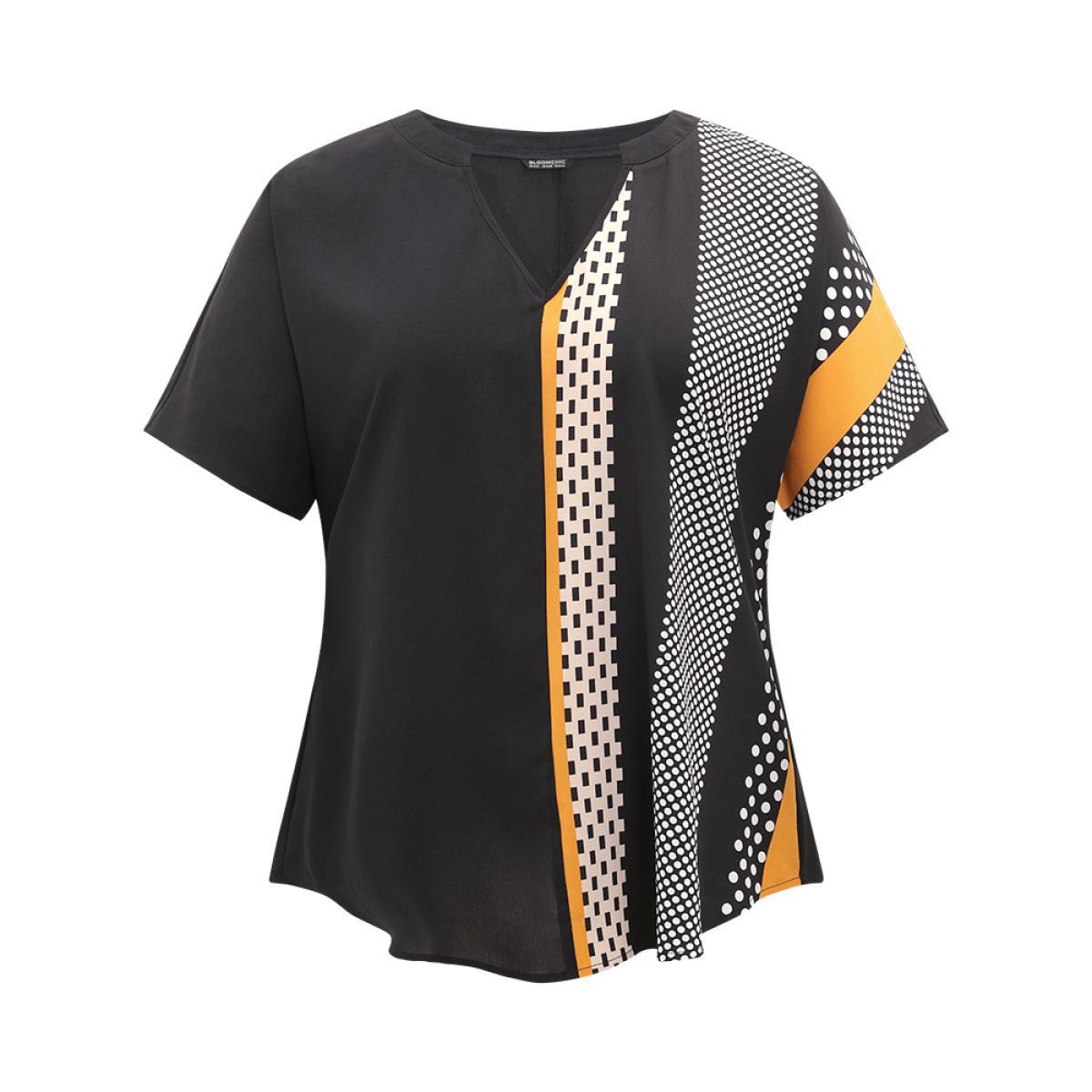 Plus Size Black Contrast Patchwork Notched Arc Hem Blouse Women Elegant Short sleeve Notched collar Dailywear Blouses BloomChic 22-24/3X Product Image