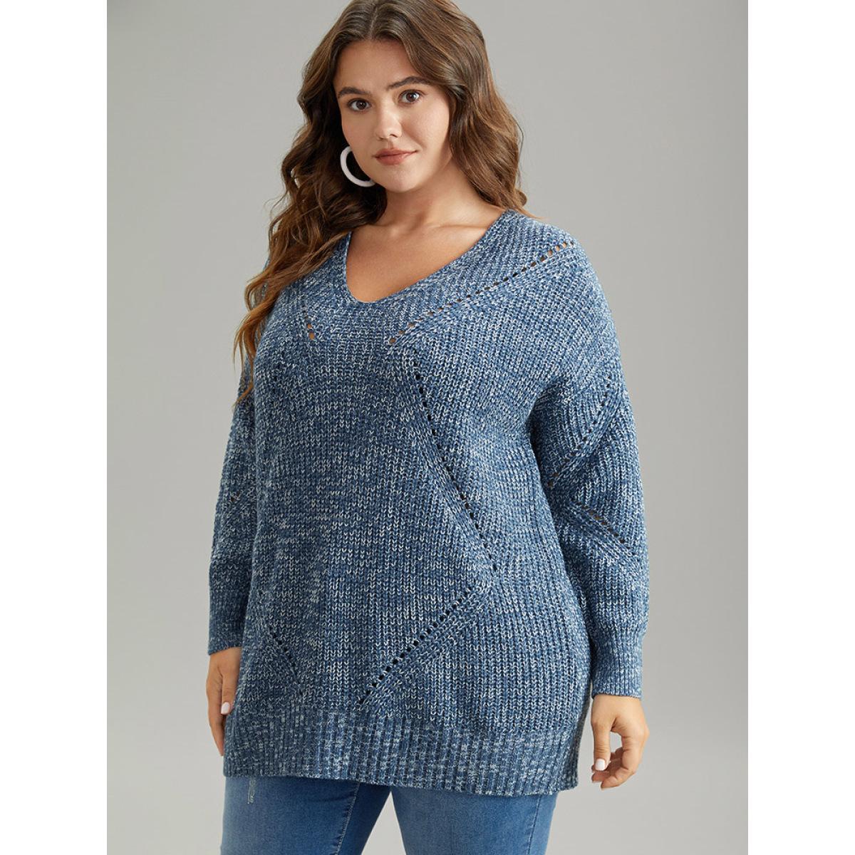 Plus Size Heather Elastic Cuffs Cut Out Pullover Stone Women Casual Loose Long Sleeve V-neck Dailywear Pullovers BloomChic 14-16/1X Product Image