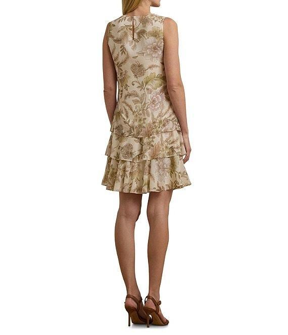Lauren Ralph Lauren Georgette Floral Print Crew Neck Sleeveless Ruffle Hem Shift Mini Dress Product Image