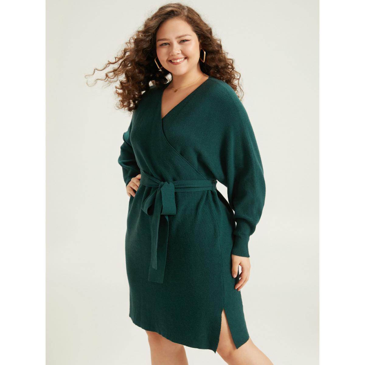 Plus Size Supersoft Essentials Solid Belted Split Batwing Sleeve Sweater Dress DarkGreen Women Casual Loose Long Sleeve Dailywear Sweater Dresses BloomChic 22-24/3X Product Image