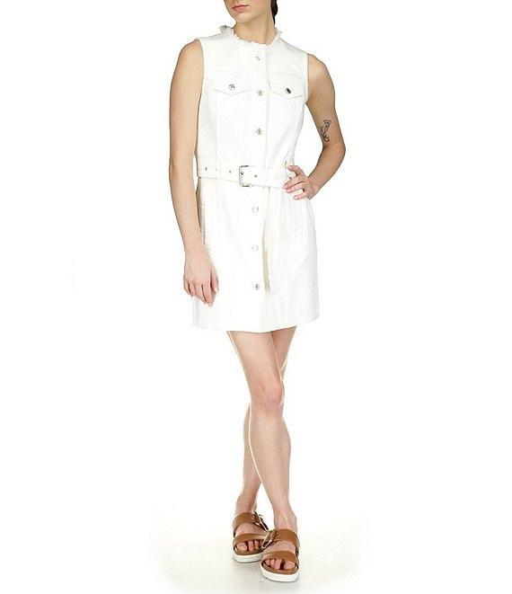 Michael Kors Frayed Denim Crew Neck Sleeveless Dress Product Image