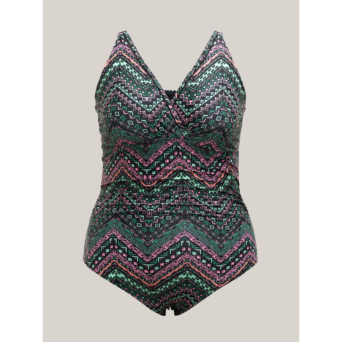 Plus Size Boho Print Webbed Ruched One-Piece Swimsuit Women's Swimwear Multicolor Beach Gathered Curve Bathing Suits High stretch One Pieces BloomChic 26/4X Product Image