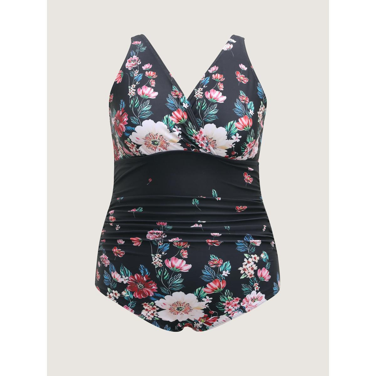 Plus Size Two-Piece Floral Print Sarong, Swimsuit Women's Swimwear Black Beach Curve Bathing Suits High stretch One Pieces BloomChic 26/4X Product Image