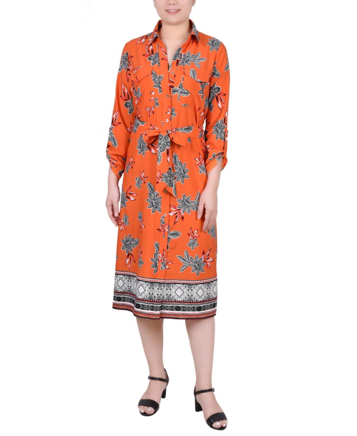 Ny Collection Petite 3/4 Roll Tab Sleeve Belted Shirtdress Product Image