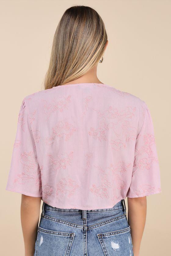 Delightful Darling Pink Floral Embroidered Tie-Front Crop Top Product Image