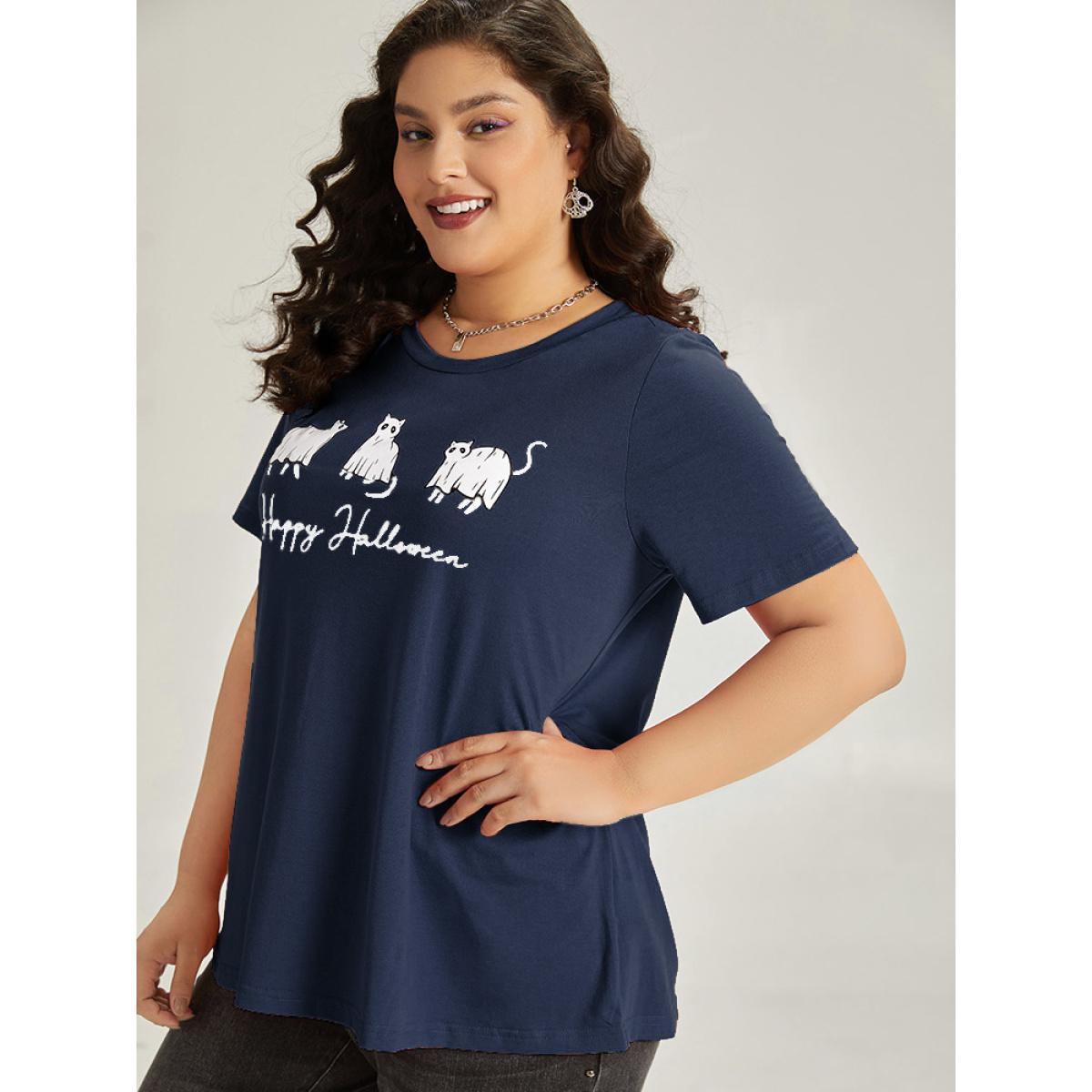 Plus Size Halloween Letter & Animals Crew Neck T-shirt Indigo Women Casual Printed Halloween Festival-Halloween T-shirts BloomChic 18-20/2X Product Image