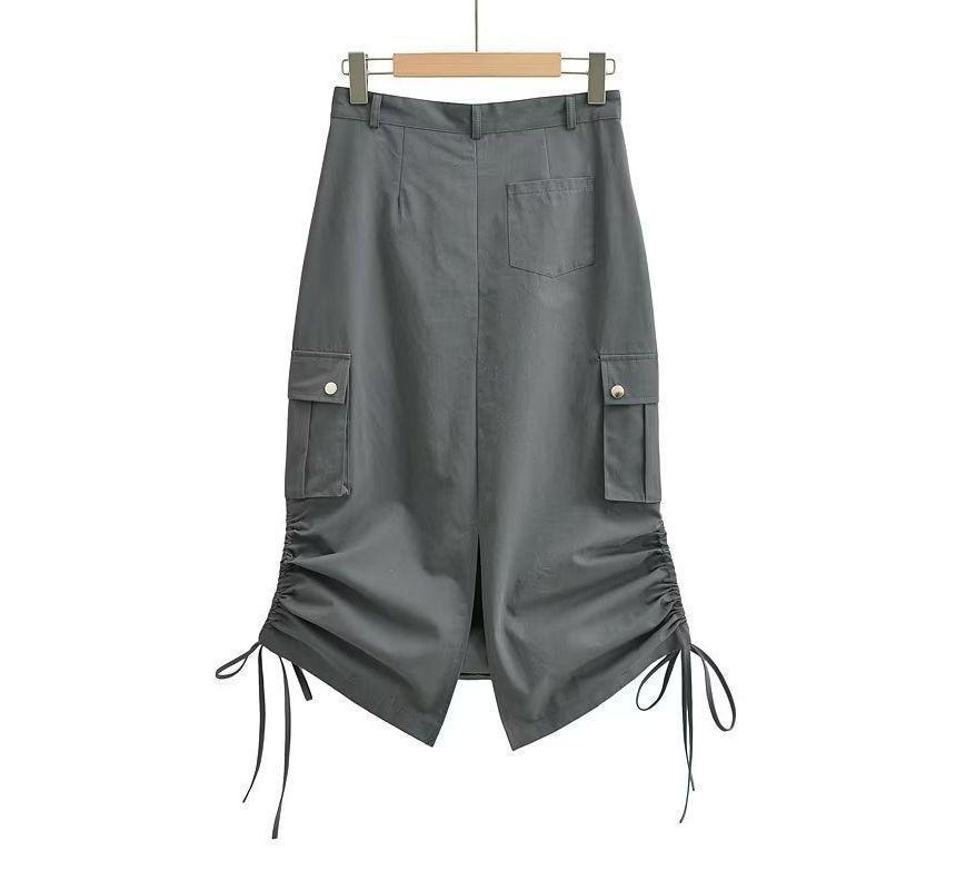 High Waist Plain Drawstring Midi Pencil Cargo Skirt Product Image