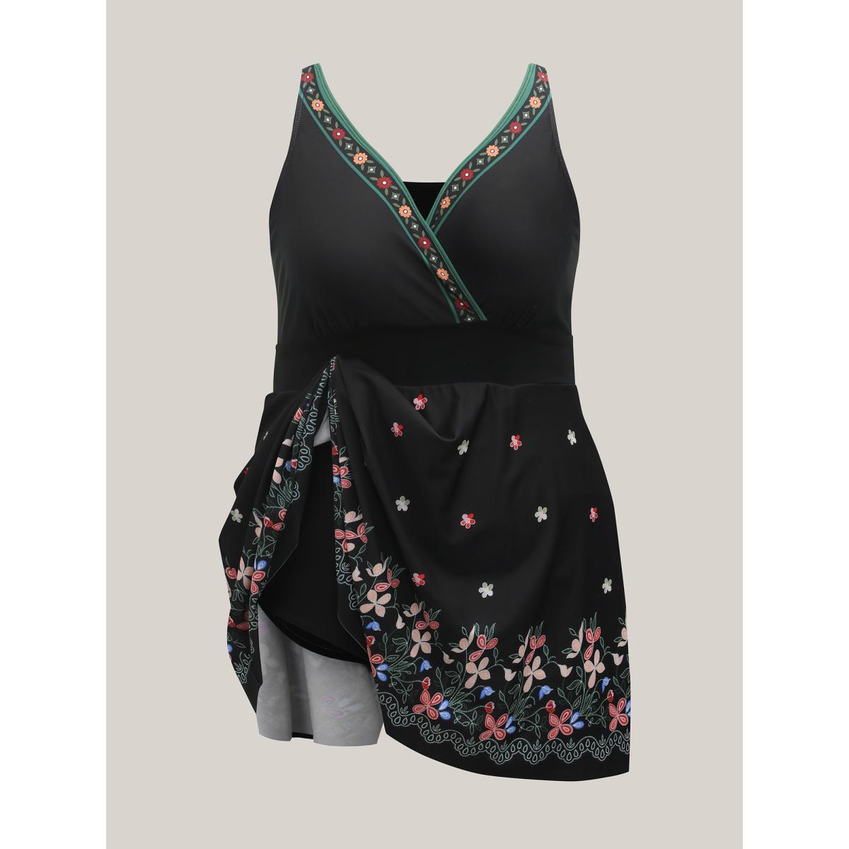 Plus Size Floral Print Surplice Neck Swim Dress Women's Swimwear Black Beach Bodycon Overlap Collar High stretch Curve Swim Dresses BloomChic 12/L Product Image