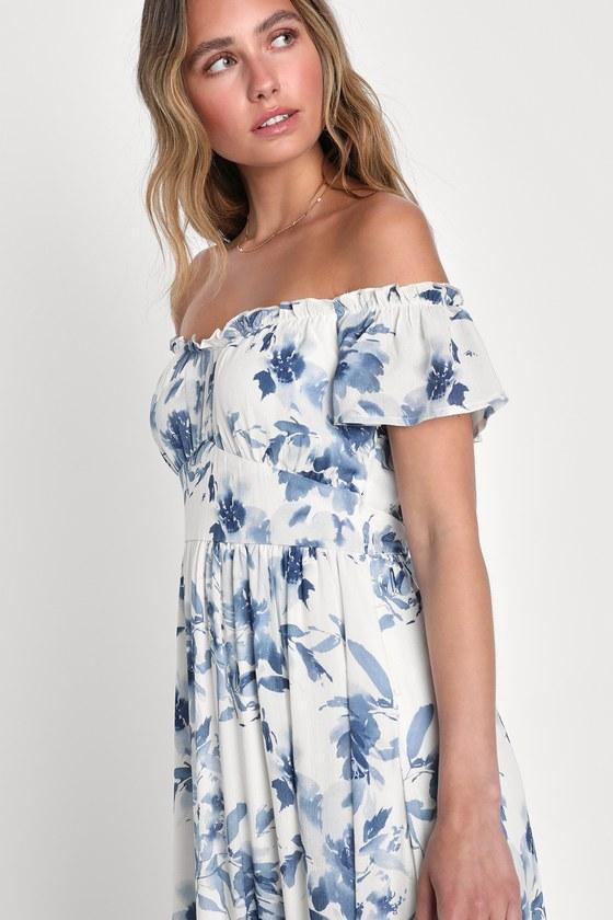 Delightfully Sweet White Floral Off-the-Shoulder Midi Dress Product Image