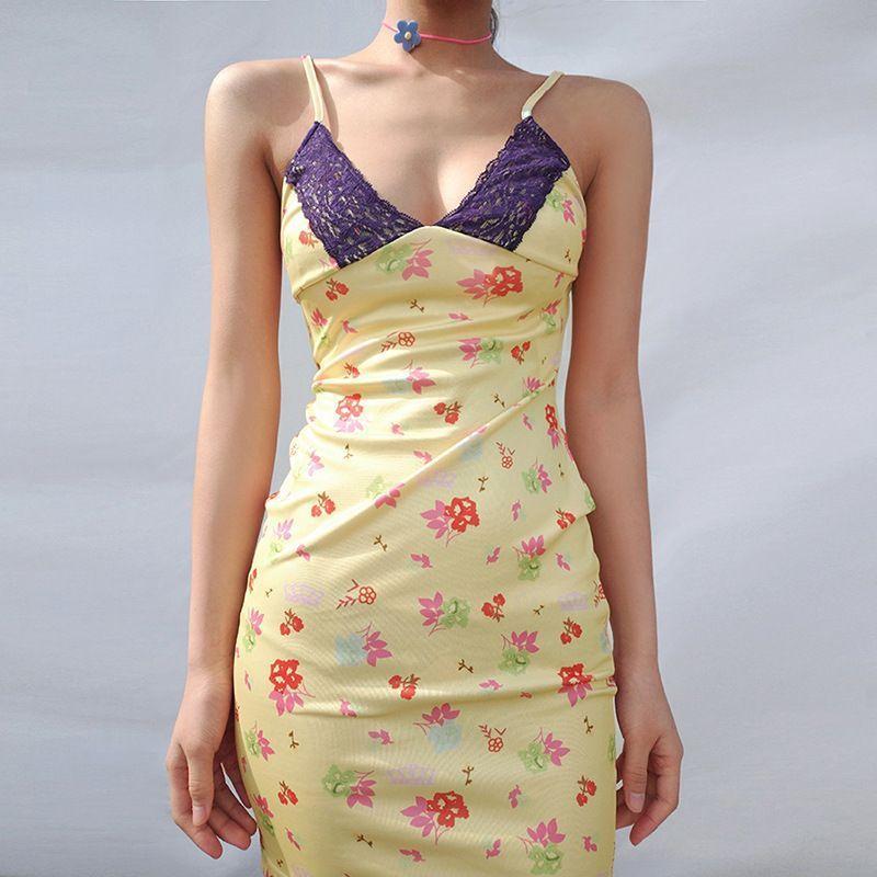 Spaghetti-Strap V-Neck Floral Print Lace-Panel Mini Bodycon Dress Product Image