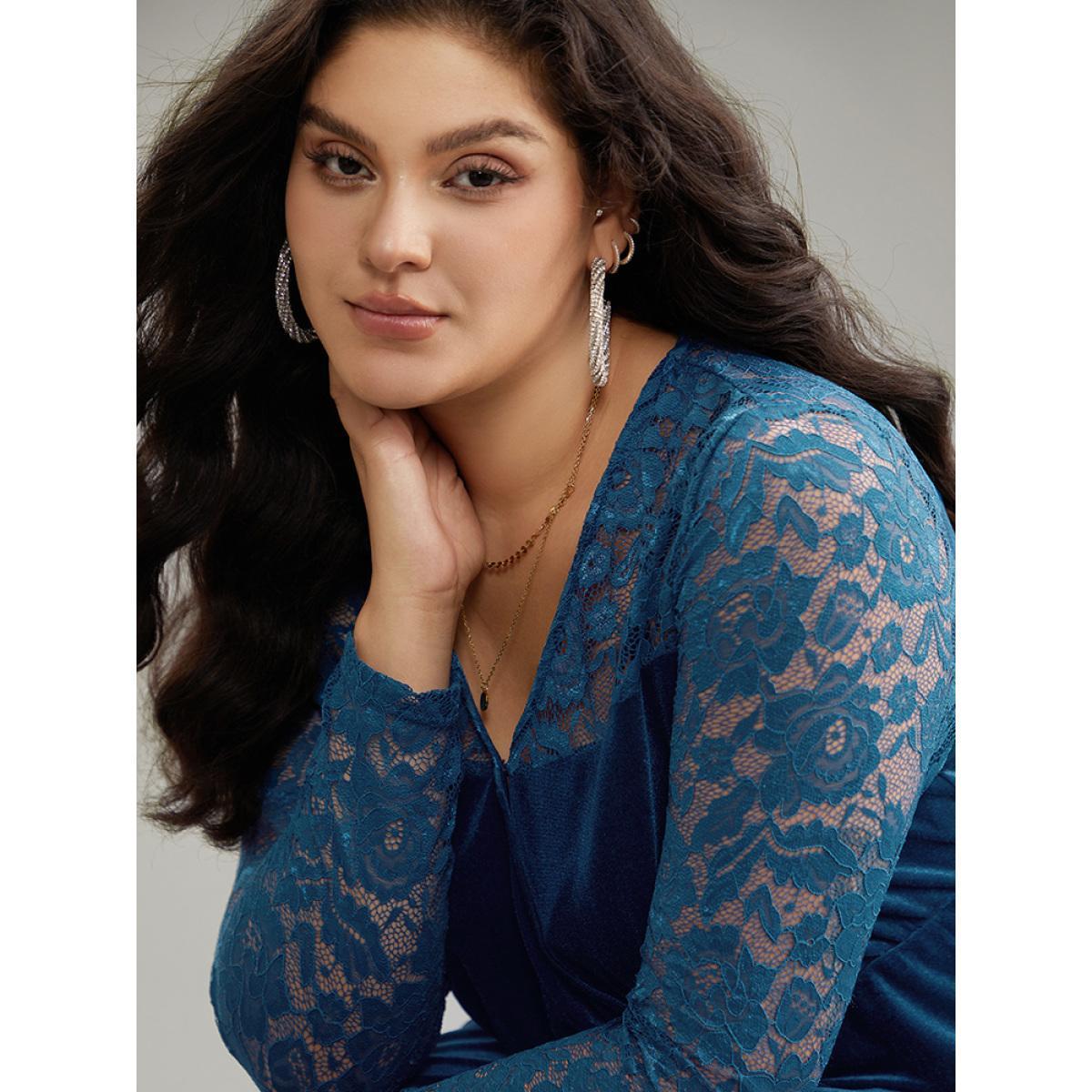 Plus Size Velvet Guipure Lace Wrap Dress Aegean Women Glamour Wrap Overlap Collar Long Sleeve Curvy Knee Dress BloomChic 26/4X Product Image