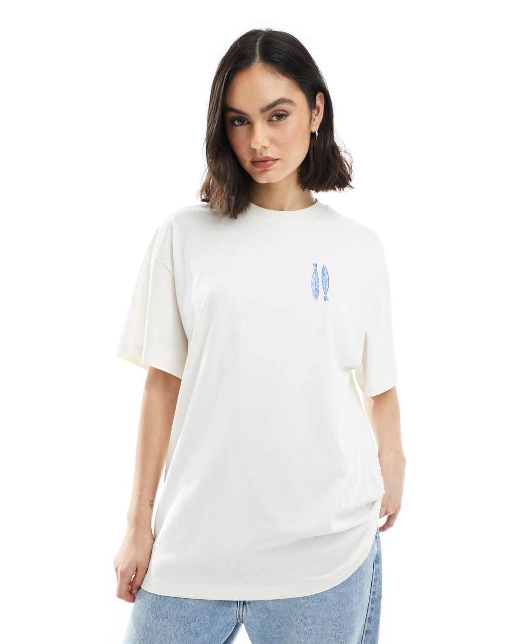Miss Selfridge oversized sardine stripe back print graphic tee Product Image